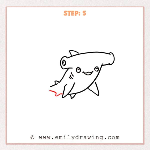 how to draw a hammerhead shark - Step 5 of a hammerhead shark drawing, adding a simple wavy tail outline extending from the back of the body.